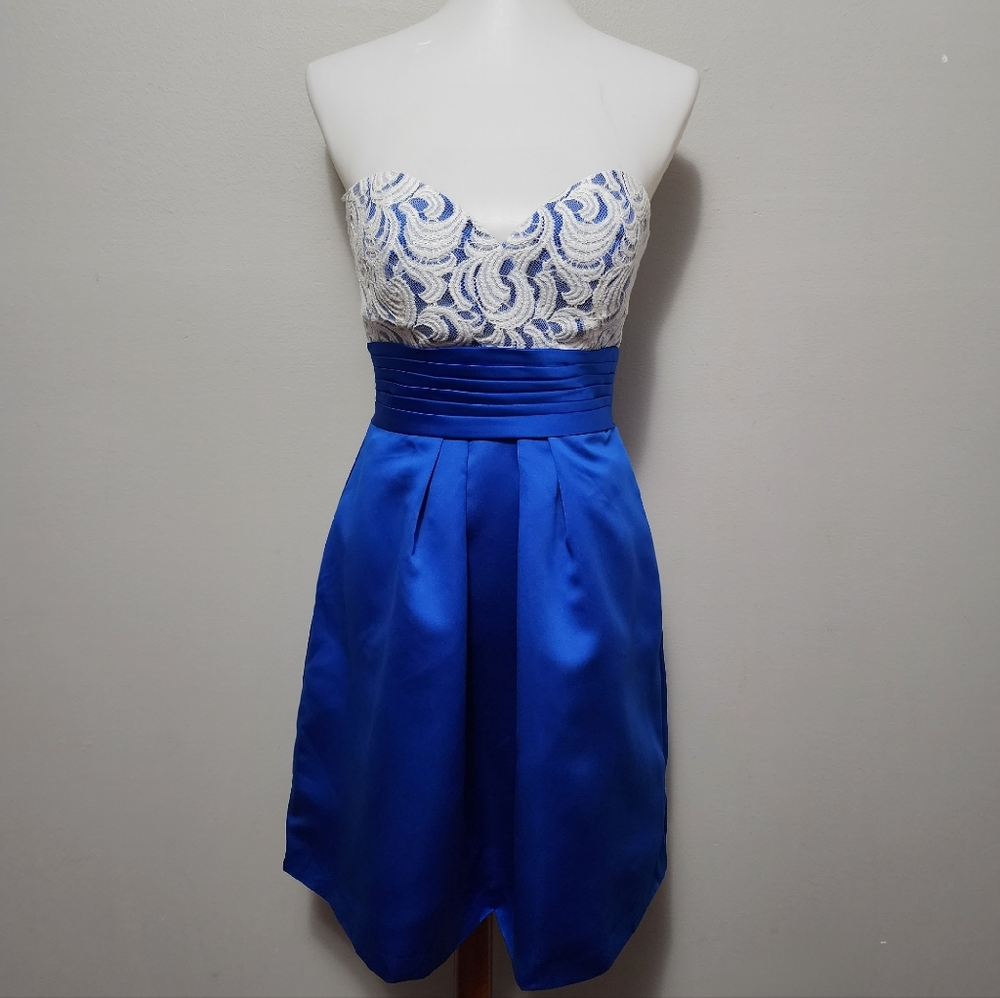 Liz Fields blue satin lace contrast strapless bridesmaid dress size 6